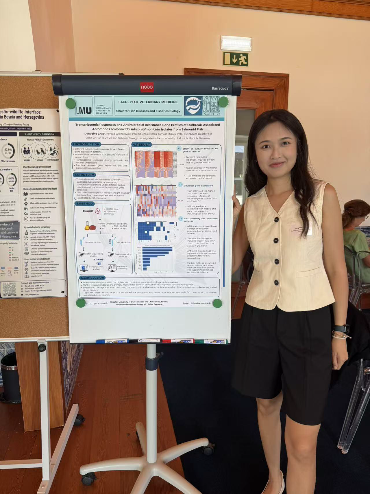 Donqging Zhao in front of her poster; Internationalization workshop 3 September in Lisbon